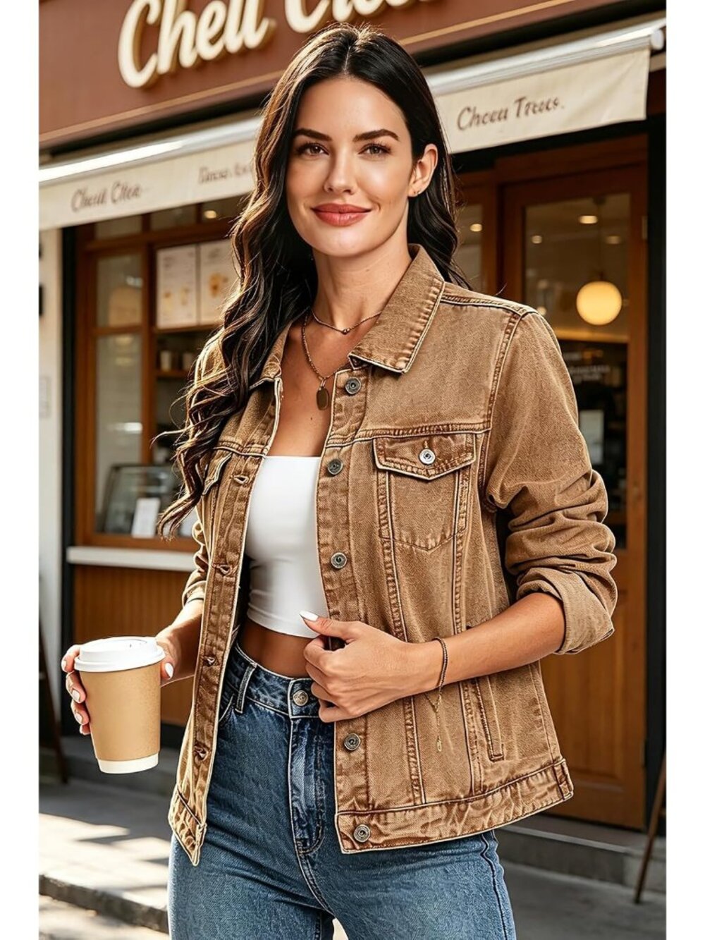 Women's Brown Jean Basic Long Sleeve Button Down Denim Jackets Daily Wear - Picture 4 of 5